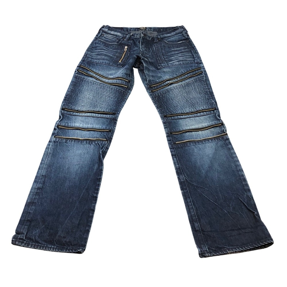PRPS Moto Biker Jeans Mens 34 Blue Ribbed Zipper Detail Button Fly Denim